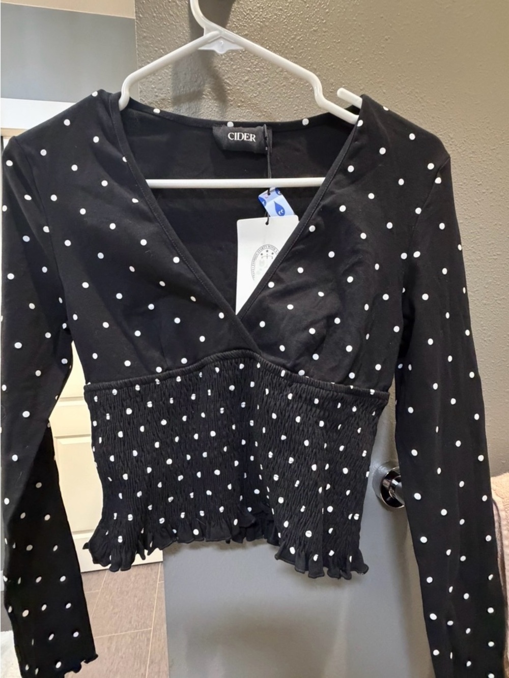 NWT-Cider Black Polka Dot V‑Neck Smocked Waist Long Sleeve Top